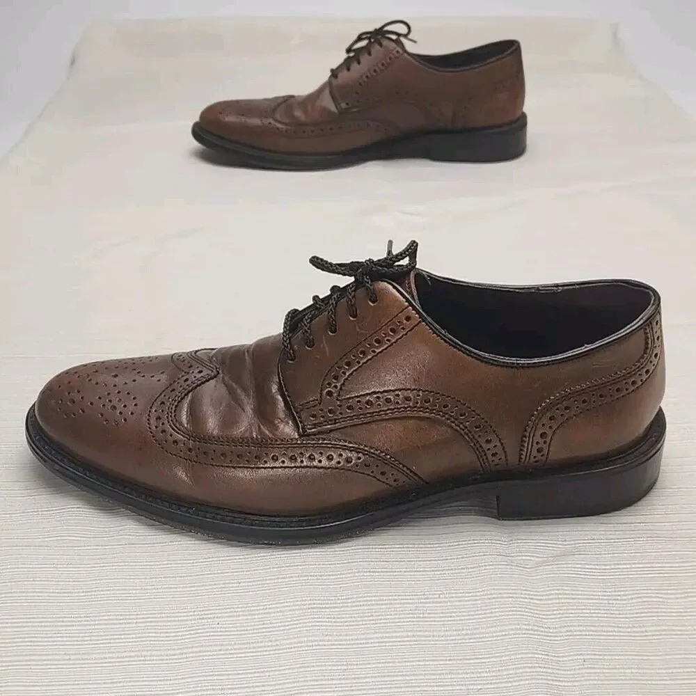 Johnston & Murphy Dress Shoes Wingtip Oxfords Brown Men Sz 8.5 Sheepskin Leather